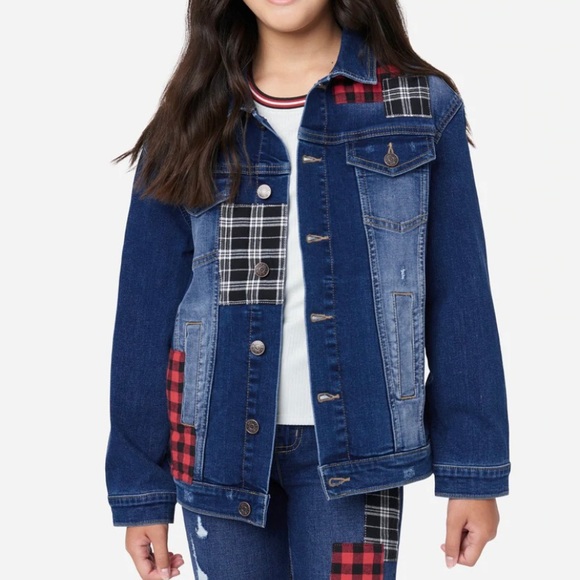 Justice Girl's Medium Wash Long Sleeve Button Up Patchwork Denim Jacket - NWT - Picture 1 of 11